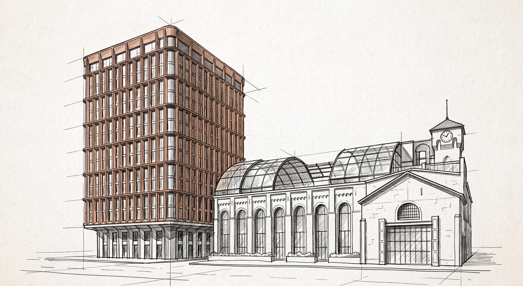 Cinema City architectural illustration of new tower and historic pavilion